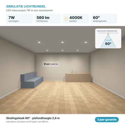 Simulación del haz de luz foco LED empotrable 7W 560 lm blanco frío 4000K 60°