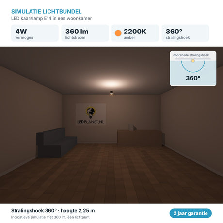 Simulatie lichtbundel LED kaarslamp E14 4W 360 lm amber 2200K 360° in een woonkamer