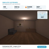 Simulatie lichtbundel LED kogellamp E27 5W 350 lm amber 2200K 360° in een woonkamer