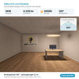 Simulatie lichtbundel LED lichtbalk hangend 120 cm 36W 4.320 lm warmwit 3000K 120° boven een bureau
