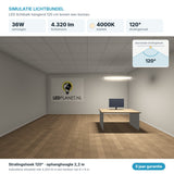 Simulatie lichtbundel LED lichtbalk hangend 120 cm 36W 4.320 lm koelwit 4000K 120° boven een bureau