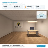 Simulatie lichtbundel LED lichtbalk hangend 150 cm 48W 5.760 lm warm wit 3000K 120° boven een bureau