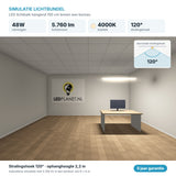 Simulatie lichtbundel LED lichtbalk hangend 150 cm 48W 5.760 lm koelwit 4000K 120° boven een bureau