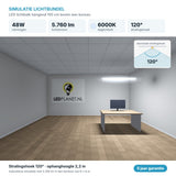 Simulatie lichtbundel LED lichtbalk hangend 150 cm 48W 5.760 lm daglichtwit 6000K 120° boven een bureau