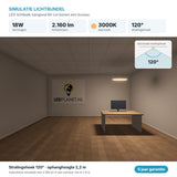 Simulatie lichtbundel LED lichtbalk hangend 60 cm 18W 2.160 lm warm wit 3000K 120° boven een bureau
