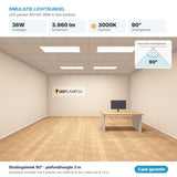 Simulatie lichtbundel LED paneel 30x120 36W 3.960 lm warmwit 3000K 90°