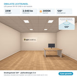 Simulatie lichtbundel LED paneel 30x30 24W 2.040 lm warmwit 3000K 120°