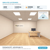 Simulatie lichtbundel LED paneel 62x62 28W 3.920 lm warmwit 3000K 90°