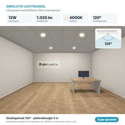 Simulazione del fascio luminoso pannello LED rotondo Ø170mm 12W 1.020 lm bianco freddo 4000K 120°