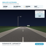 Simulatie lichtbundel LED straatlamp 200W 34.000 lm koelwit 4000K 140°