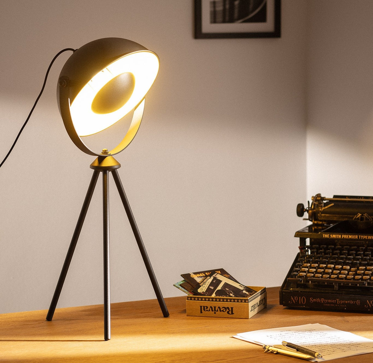 Industrial table lamp | tripod | outside black - inside gold | 57cm x 26cm