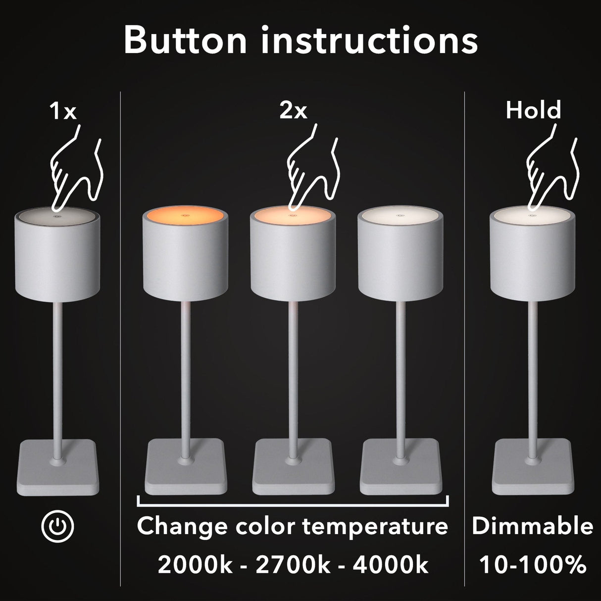 TouchDim wiederaufladbare LED-Tischlampe – Dimmbar durch Berührung – Innen und Außen – Grau