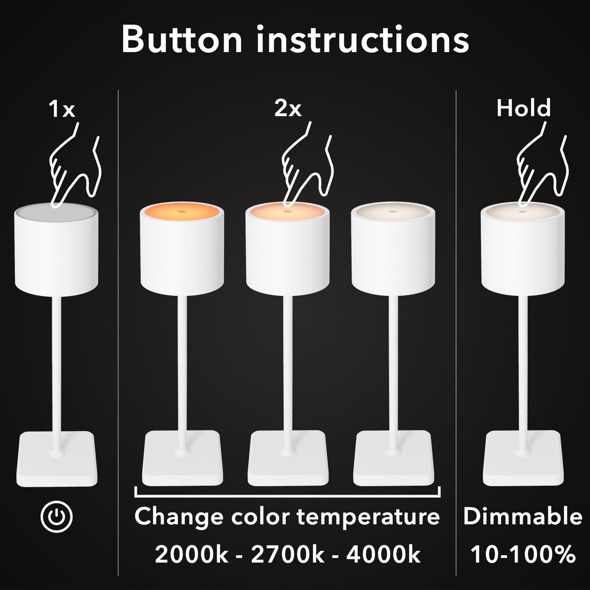 TouchDim wiederaufladbare LED-Tischlampe – Dimmbar durch Berührung – Innen und Außen – Weiß