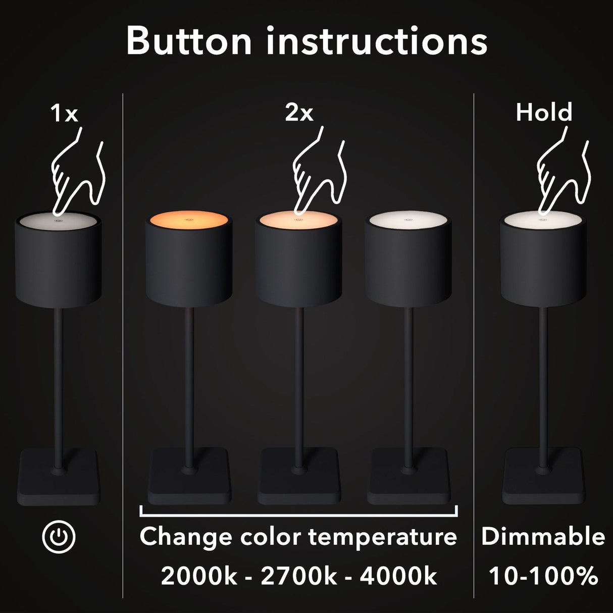 TouchDim wiederaufladbare LED-Tischlampe – Dimmbar durch Berührung – Innen und Außen – Schwarz