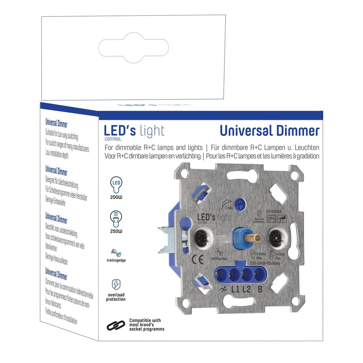 Universal LED rotary dimmer up to 250 watts - Suitable for all dimmable lamps - 2 wires