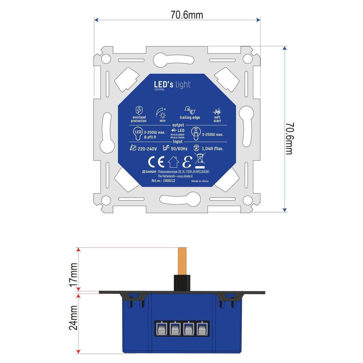 Universal LED rotary dimmer up to 250 watts - Suitable for all dimmable lamps - 2 wires