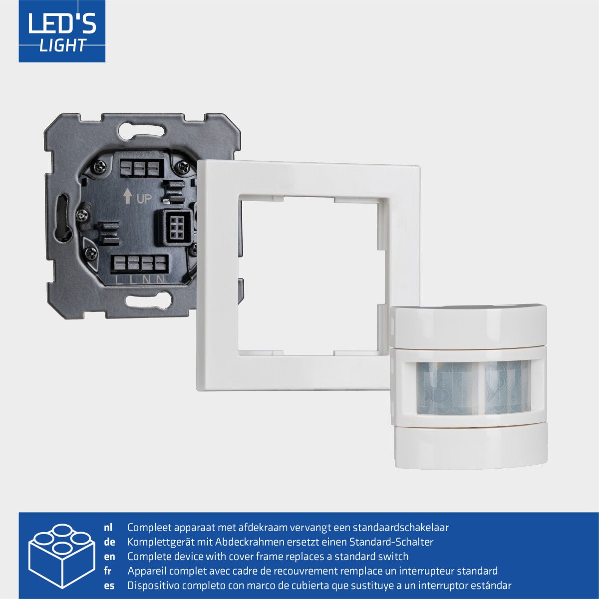 Wandschalter mit Bewegungsmelder – 55 x 55 mm Unterputzmontage – LED-kompatibel – Weiß