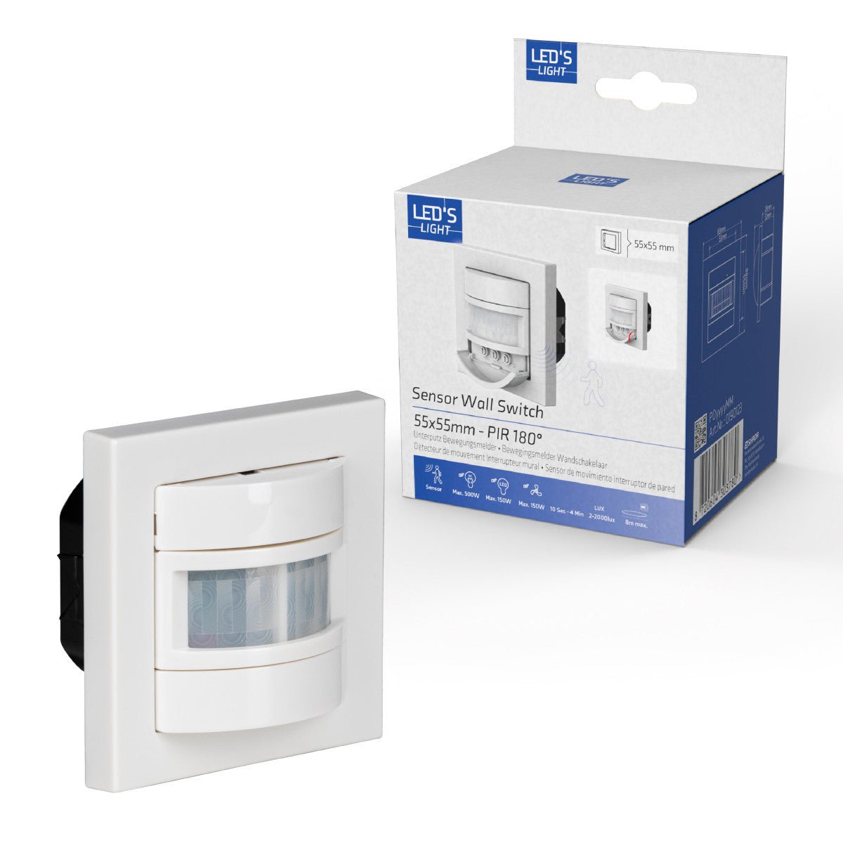 Wandschalter mit Bewegungsmelder – 55 x 55 mm Unterputzmontage – LED-kompatibel – Weiß