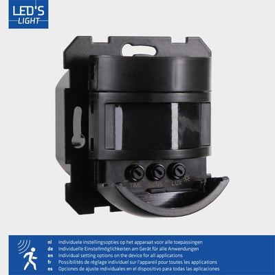 Wandschalter mit Bewegungsmelder – Unterputzmontage 55 x 55 mm – Erfassungsbereich 180° – Max. 500 W – Schwarz