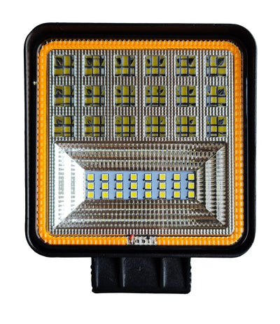 Werklicht + knipperlicht vierkant, LED verstraler 42x3=126W, 10-60 Volt, 6000K + oranje, IP67